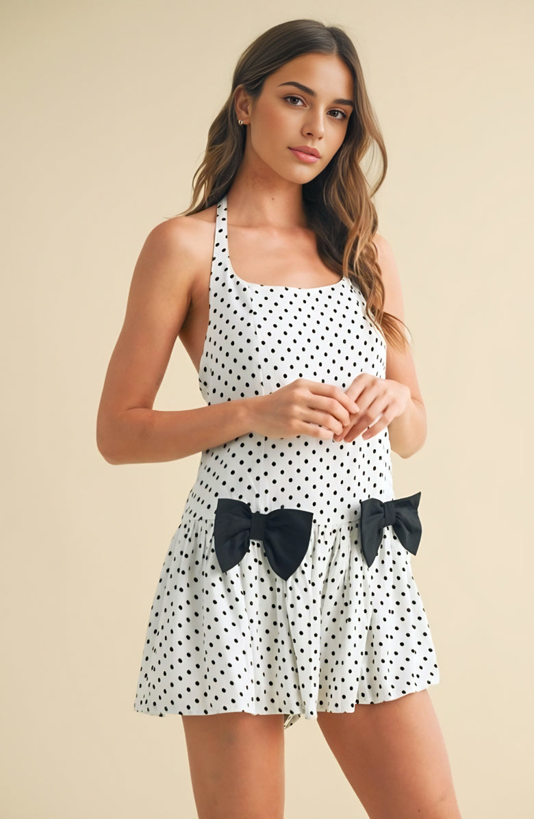 Knit and Lounge Polka Dot Halter Babydoll Mini Dress, Main, color, White With Black Polka Dots