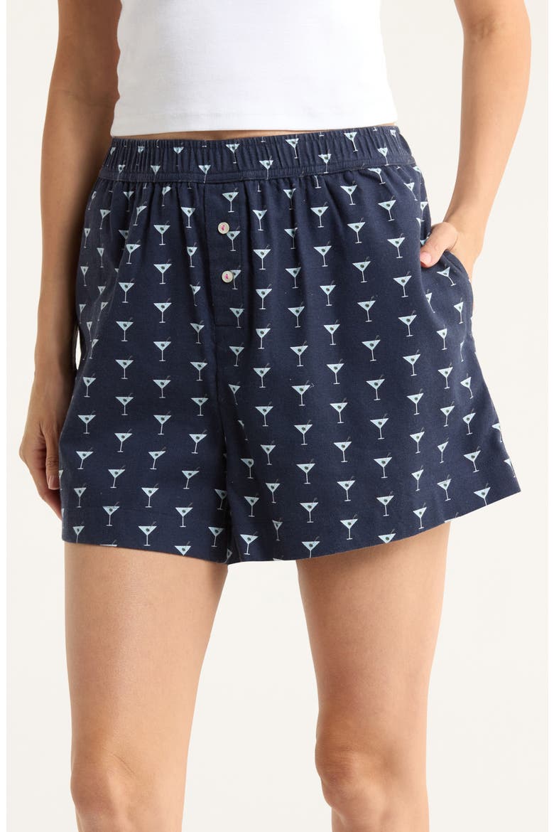 Print Cozy Flannel Boxer Pajama Shorts, Main, color, NAVY CLASSIC MOCKTAIL