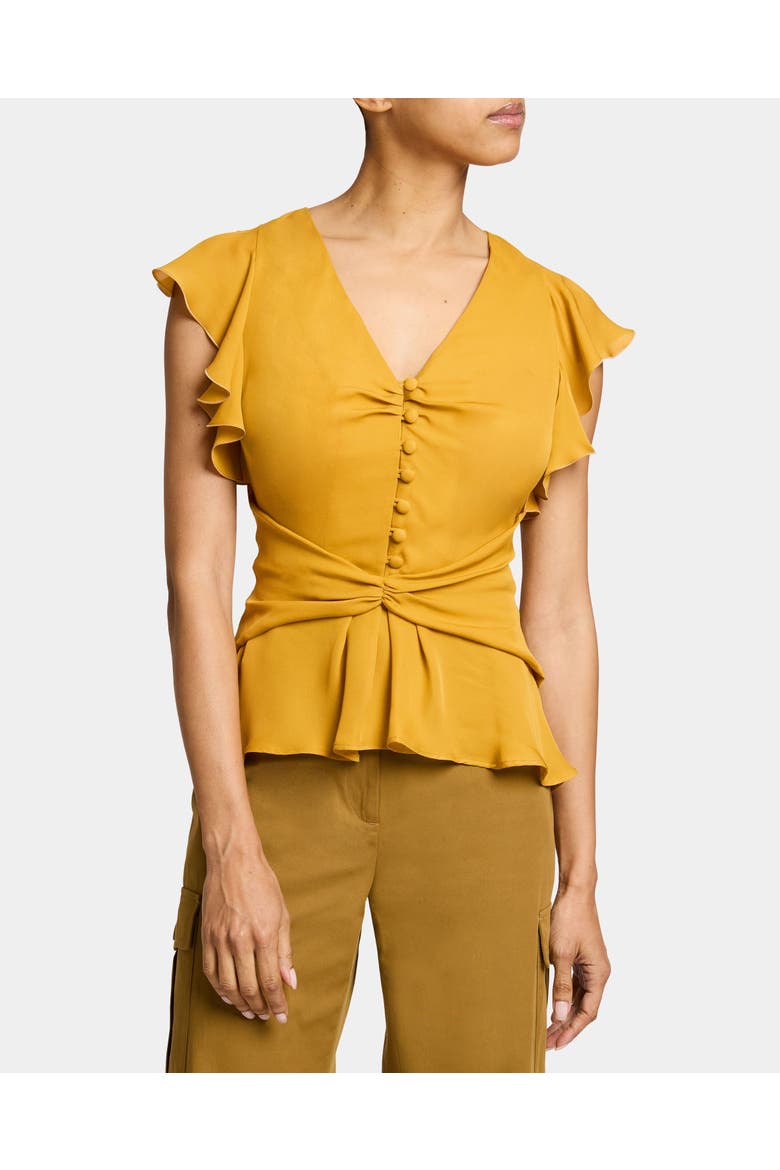 ELLA Flutter Sleeve Buttoned Blouse with Waist Panel in Silk Georgette, Main, color, MANGO