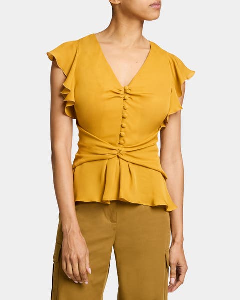 ELLA Flutter Sleeve Buttoned Blouse with Waist Panel in Silk Georgette