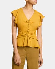 Santorelli ELLA Flutter Sleeve Buttoned Blouse with Waist Panel in Silk Georgette