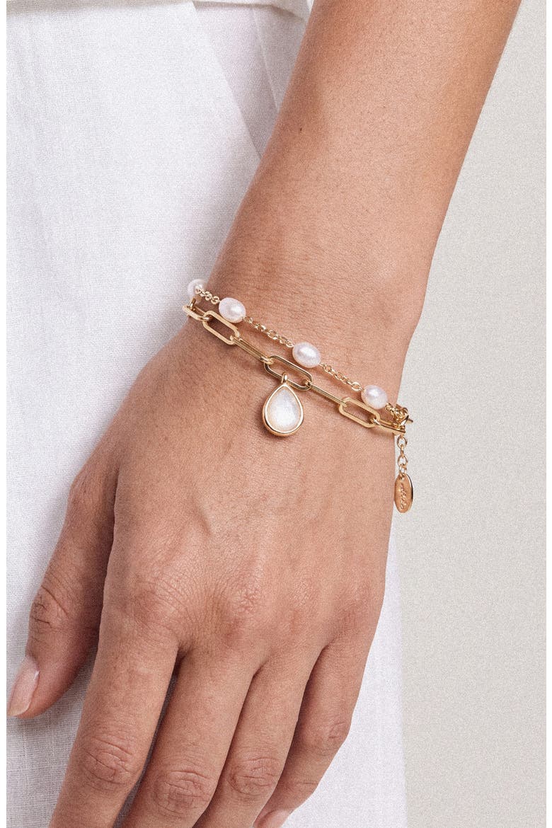 Set of 2 Glass & Imitation Pearl Bracelets, Alternate, color, GOLD
