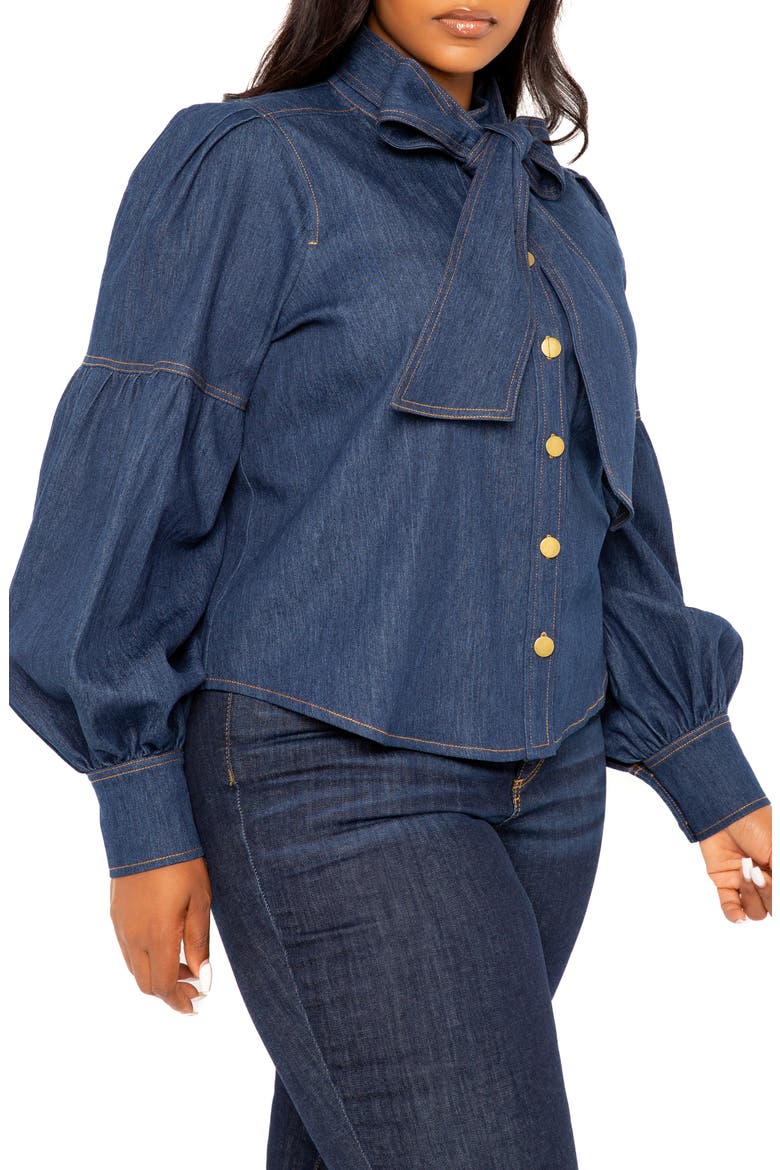 Bow Neck Puff Shoulder Denim Shirt, Alternate, color, DENIM BLUE