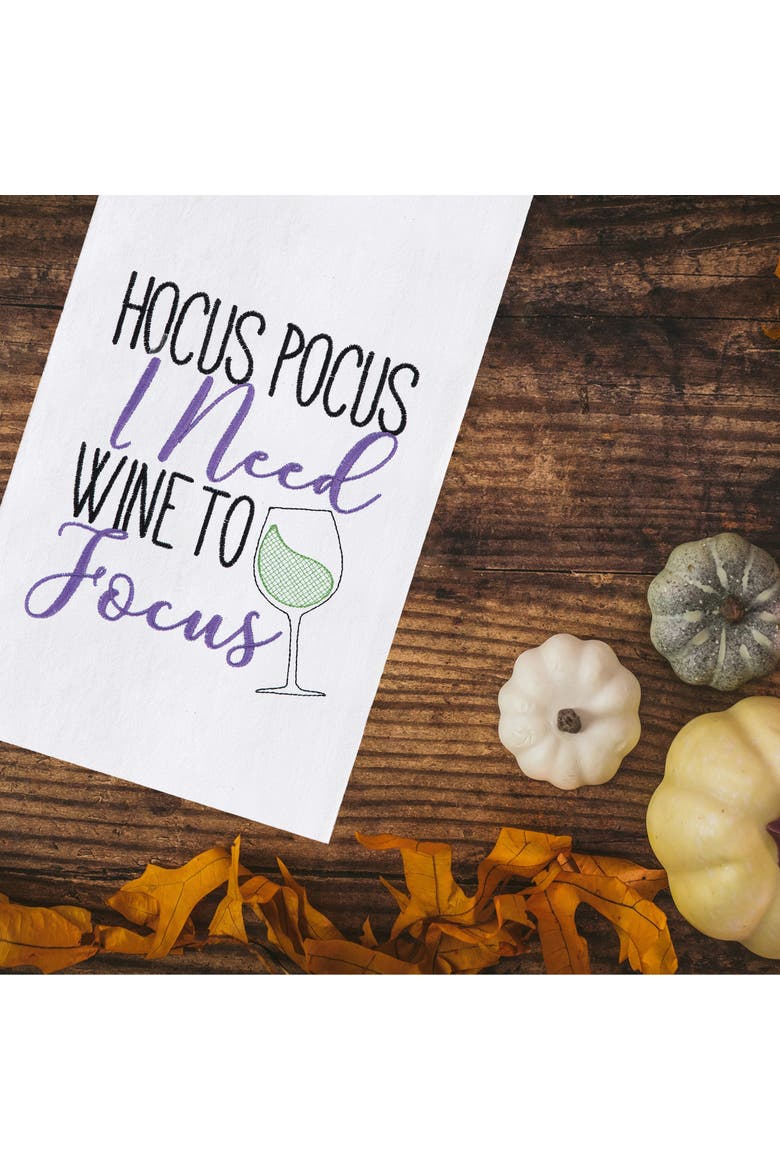 Hocus Pocus I Need Wine to Focus Halloween Embroidered Flour Sack Cotton Kitchen Towel, Alternate, color, White