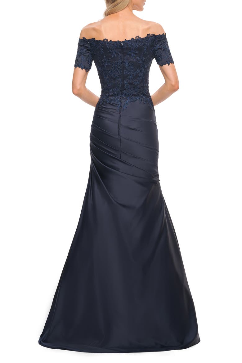 Off the Shoulder Ruched Satin Mermaid Gown, Alternate, color, NAVY