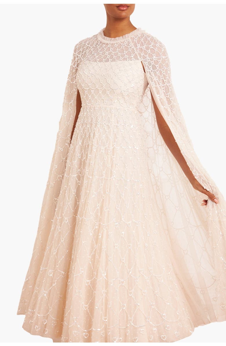 Needle & Thread Heart Lattice Cape Ankle Gown, Alternate, color, Cream