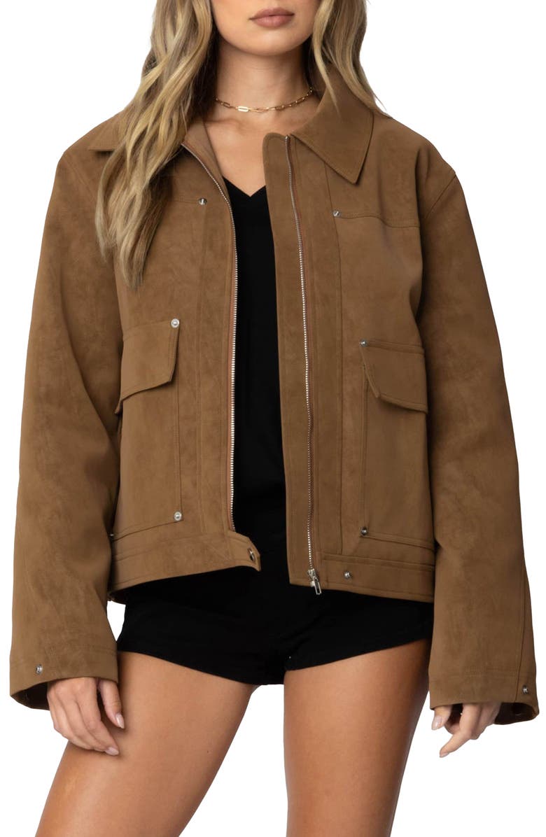 EDIKTED Annabelle Oversize Faux Suede Jacket, Main, color, Camel