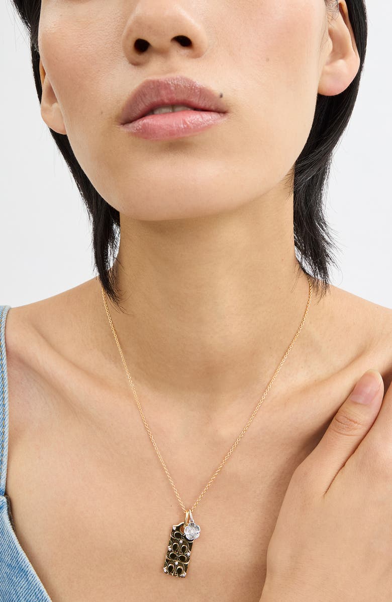 COACH Logo Quilt Dogtag Pendant Necklace, Alternate, color, Golden Shadow/ Gold