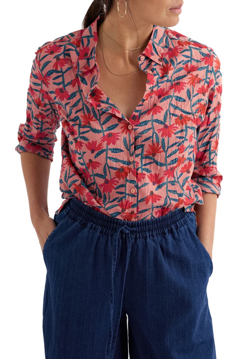Larissa Floral Crinkled Organic Cotton Button-Up Shirt, Main, color, ECHINACEA STEMS ROSEHIP