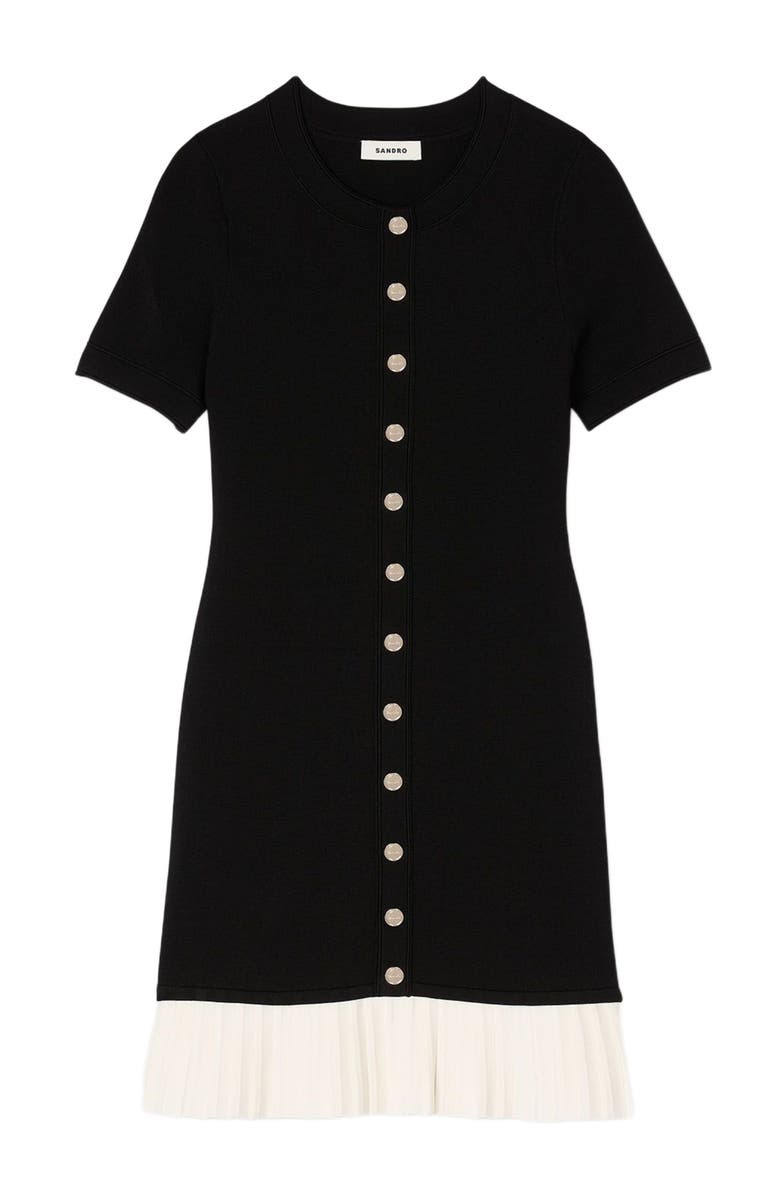 SANDRO mini knit dress with ruffle, Alternate, color, Black / Ecru