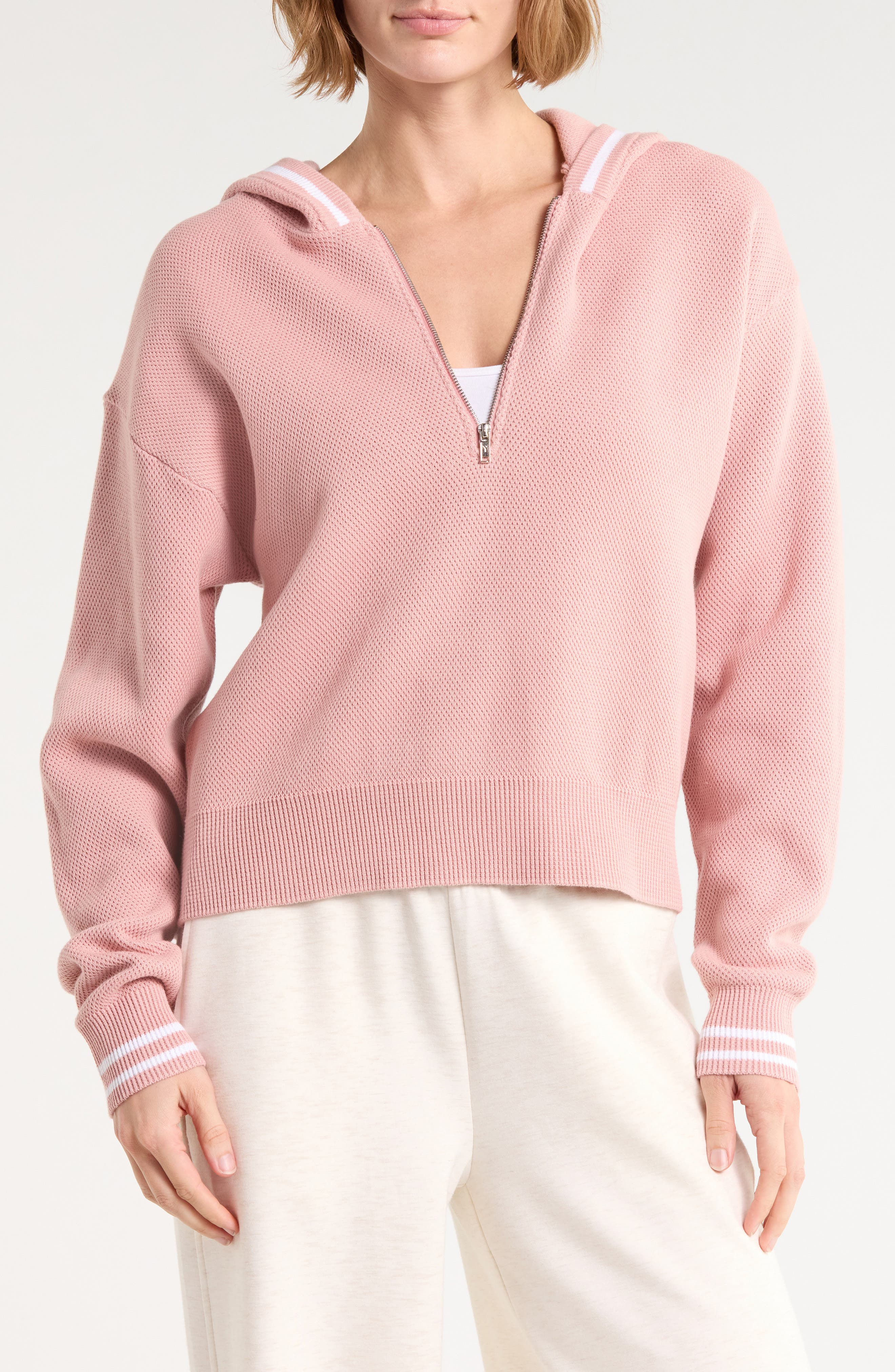 Striped Rib Knit Half-Zip Hoodie