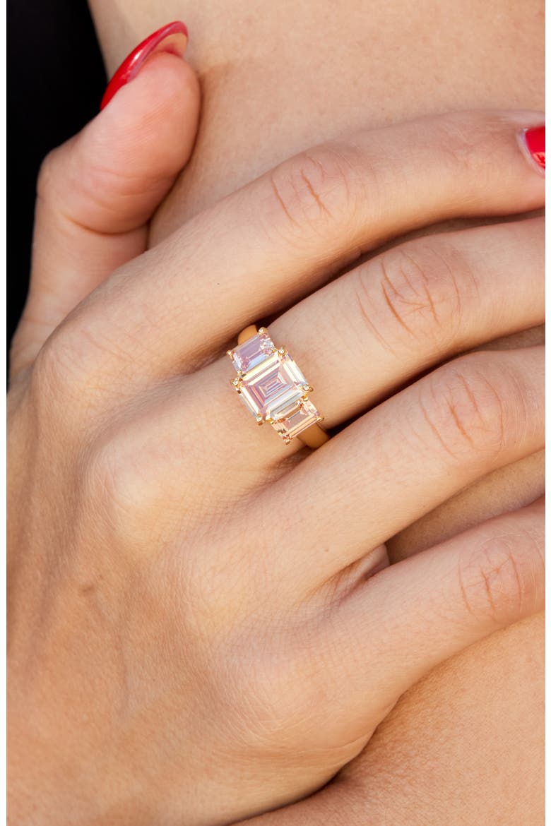 Emerald Cut Cubic Zirconia 3-Stone Ring, Alternate, color, YELLOW