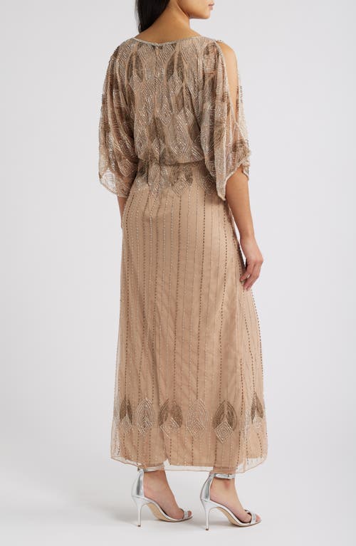Pisarro Nights Beaded Cold Shoulder Cocktail Dress In Beige