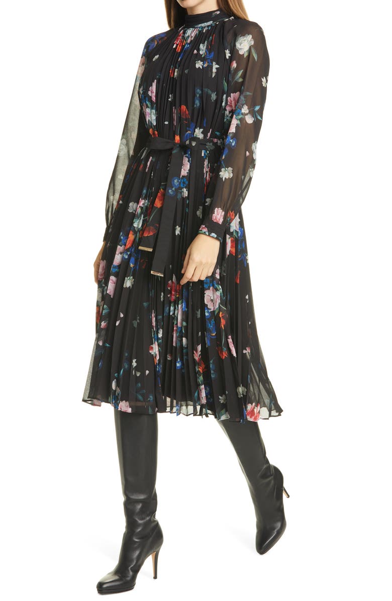 Ted Baker London Naniro Floral Pleated Long Sleeve Midi Dress, Alternate, color,