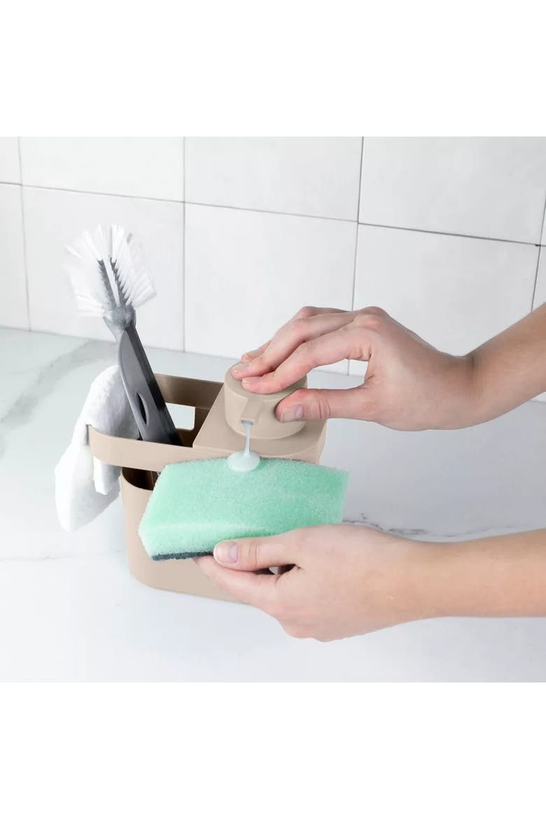 Durable Kitchen Soap Dispenser Organizer with Sponge and Dish Brush Holder, 22 oz, Alternate, color, Beige