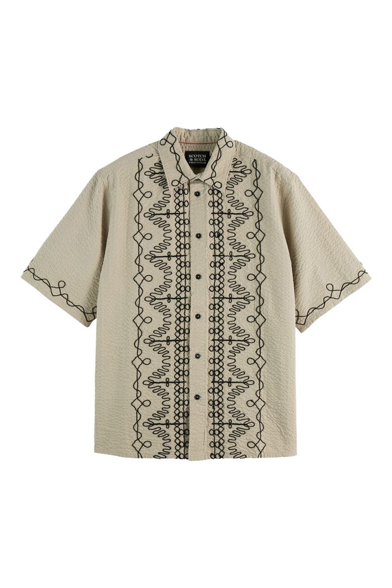 Oversize Embroidered Short Sleeve Cotton Seersucker Button-Up Shirt, Alternate, color, PLAZA TAUPE