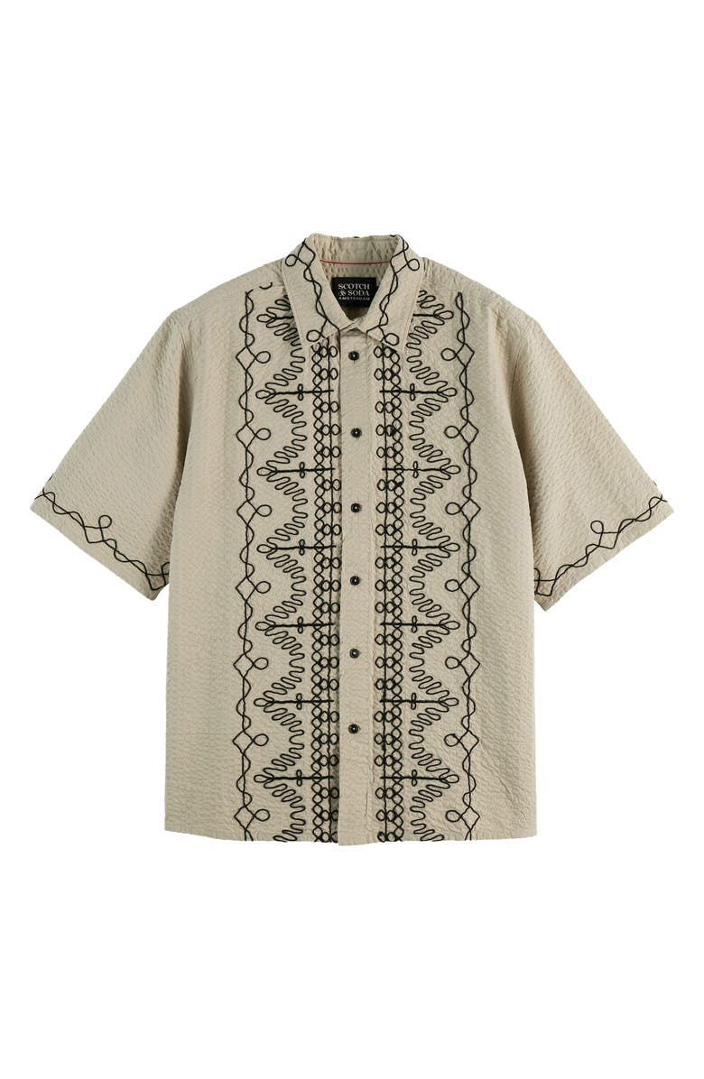 Scotch & Soda Oversize Embroidered Short Sleeve Cotton Seersucker Button-Up Shirt, Alternate, color, Plaza Taupe