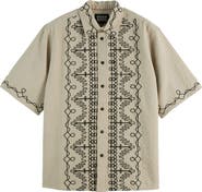 Scotch & Soda Oversize Embroidered Short Sleeve Cotton Seersucker Button-Up Shirt