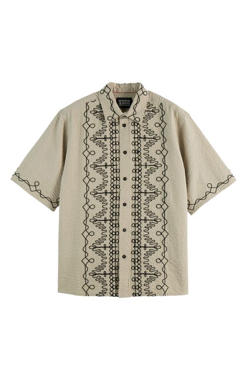 Scotch & Soda Oversize Embroidered Short Sleeve Cotton Seersucker Button-up Shirt In Neutral