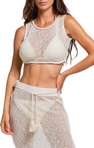 Cosita Linda Sheer Crop Cotton Blend Crochet Cover-Up Top