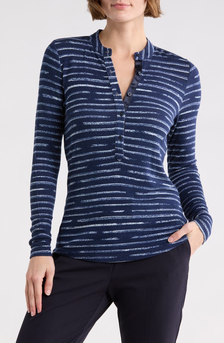 NZT by NIC+ZOE Sketched Stripe Cozy Long Sleeve Henley, Main, color, Indigo Multi