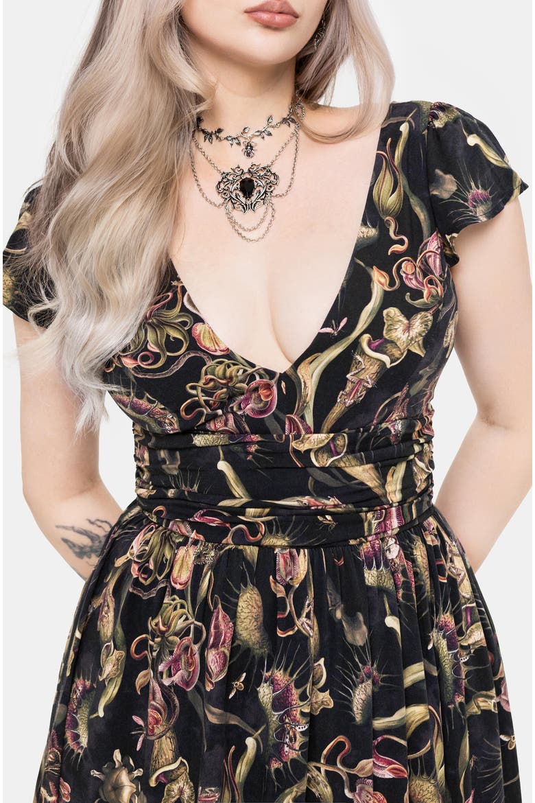 Dionaea Flytrap Print V-Neck Maxi Dress, Alternate, color, Black