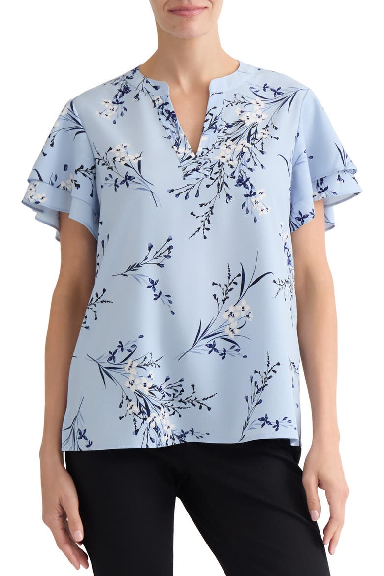Floral Flutter Sleeve Split Neck Top, Main, color, MORNING BLUE MULTI