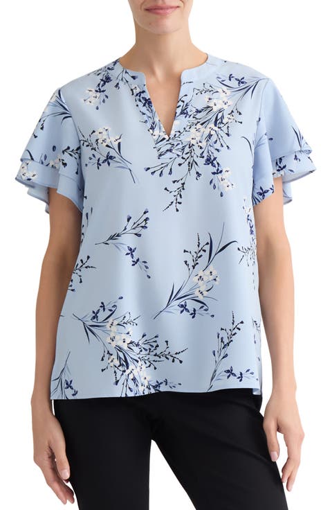 Floral Flutter Sleeve Split Neck Top