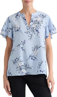 Jones New York Floral Flutter Sleeve Split Neck Top