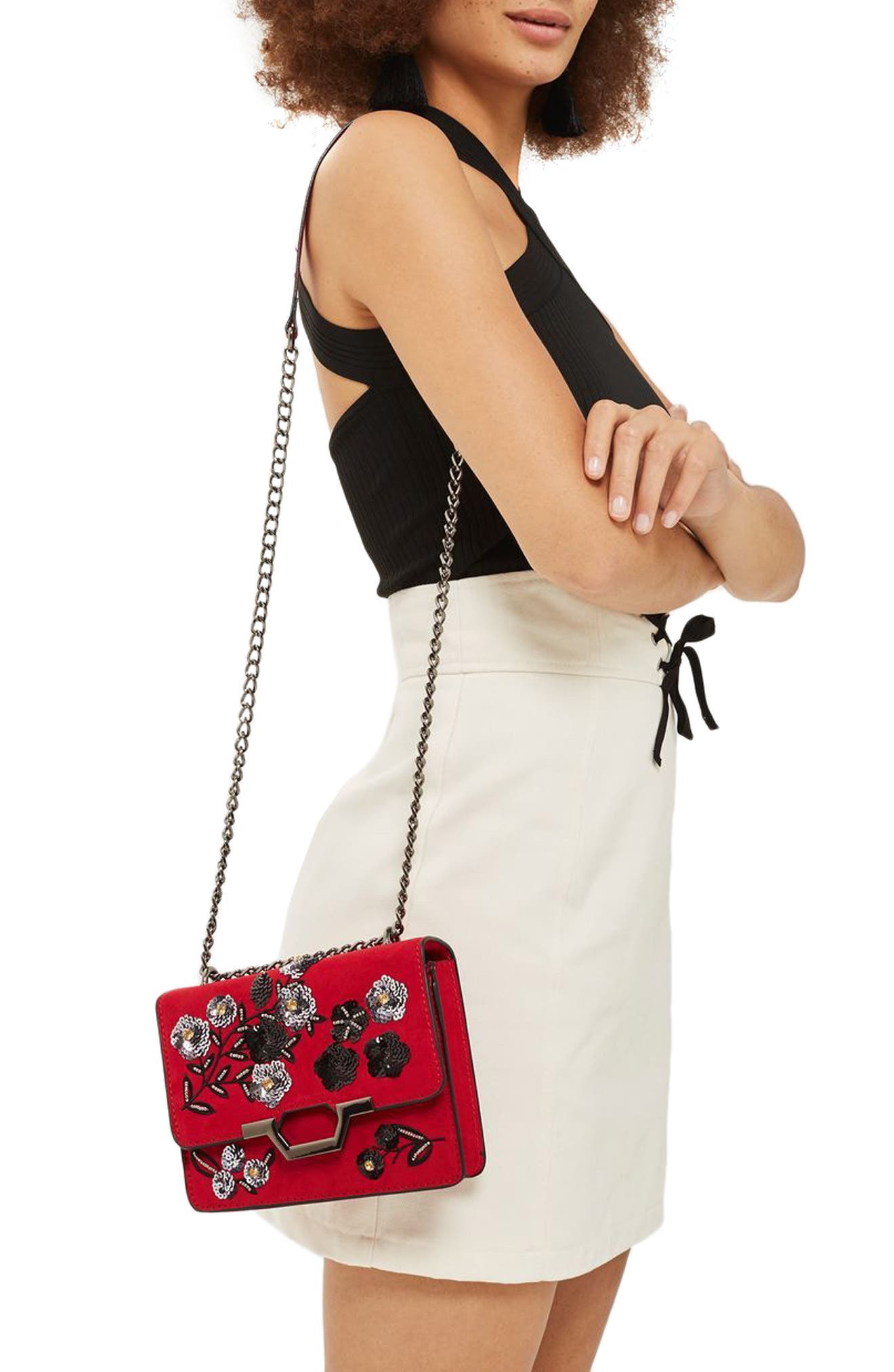 Topshop Kylie Embellished Faux Suede Crossbody Bag, Alternate, color, 