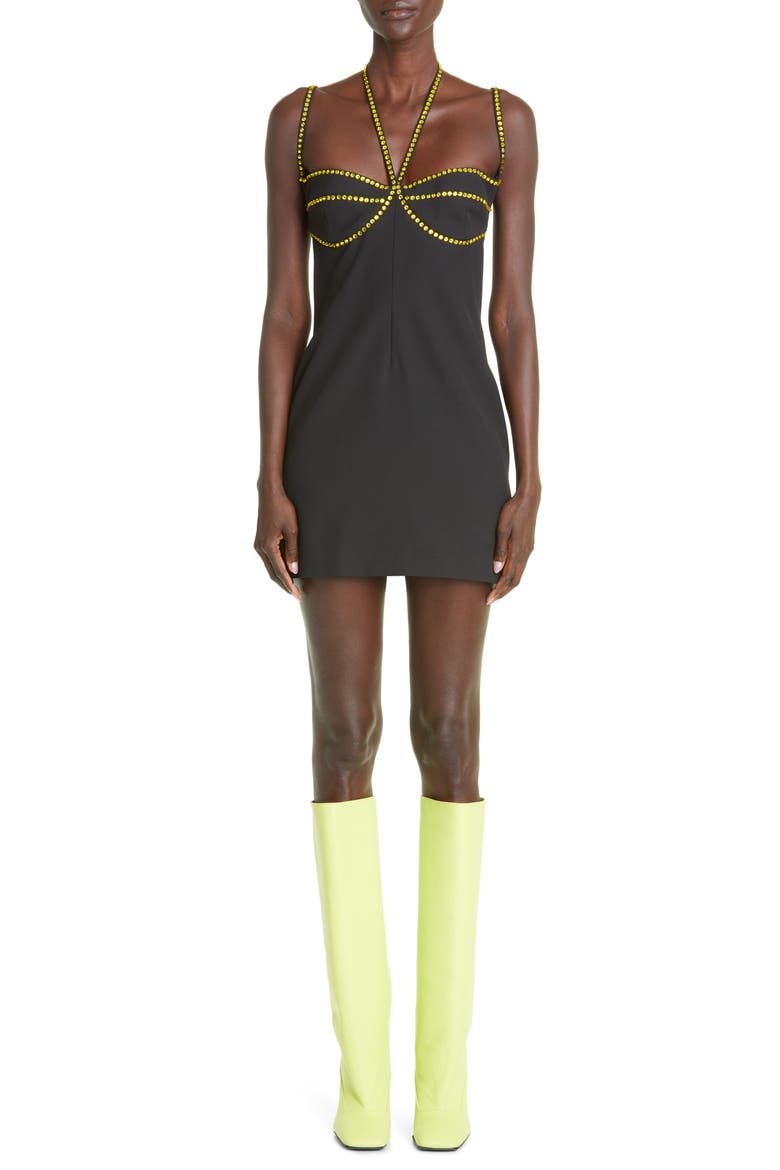 Coco Rhinestone Detail Halter Neck Minidress, Main, color, BLACK