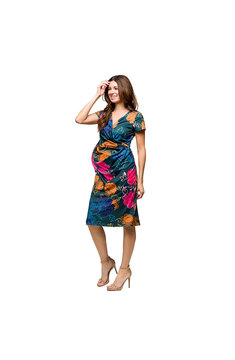24seven Comfort Apparel Maternity Blue Floral Knee Length Short Sleeve Faux Wrap Dress, Alternate, color, Blue Multi