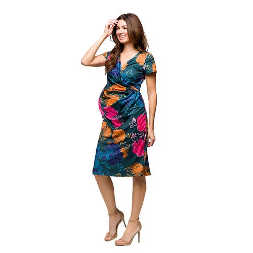 24seven Comfort Apparel Maternity Blue Floral Knee Length Short Sleeve Faux Wrap Dress In Multi