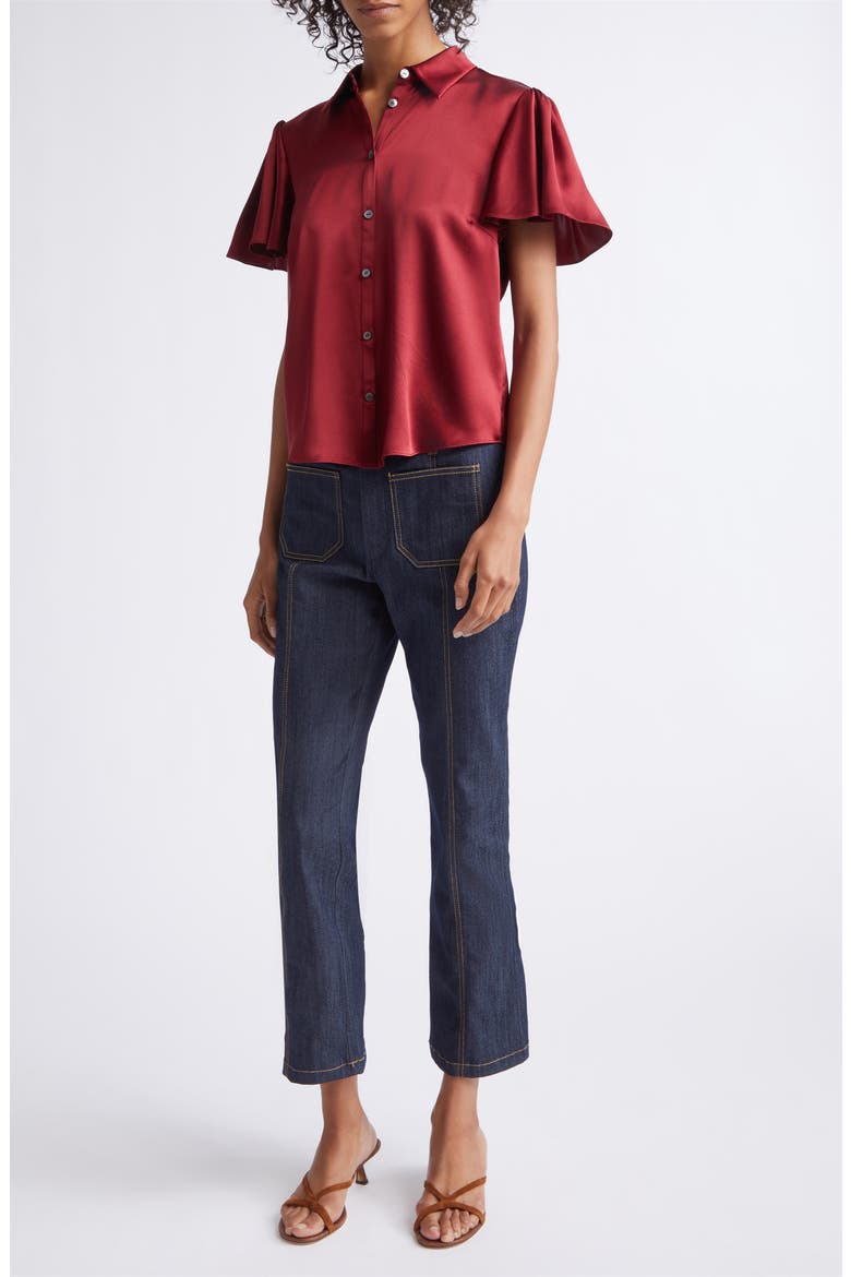 Fiona Flutter Sleeve Silk Satin Button-Up Shirt, Alternate, color, BERRYWINE