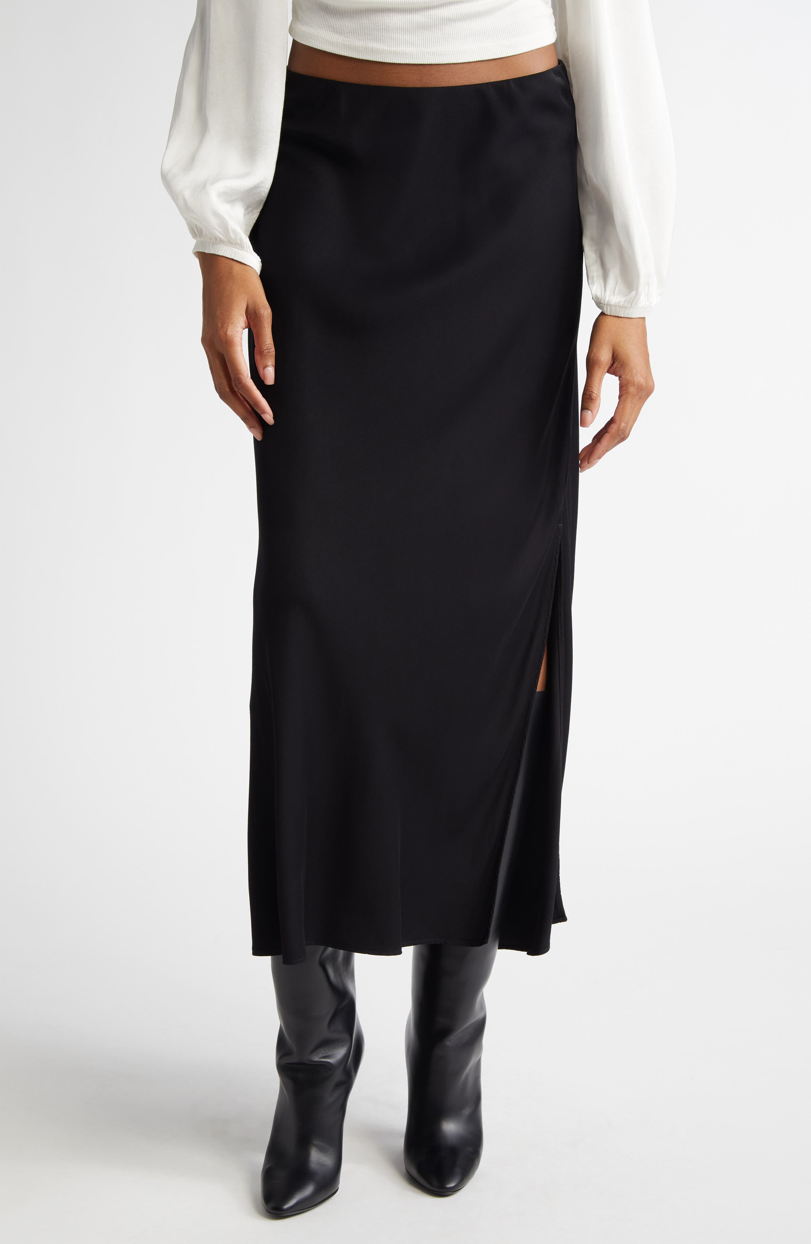 Side Slit Bias Satin Maxi Skirt