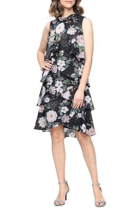 Print Metallic Sleeveless Tiered Chiffon Dress