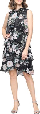 SL FASHIONS Print Metallic Sleeveless Tiered Chiffon Dress