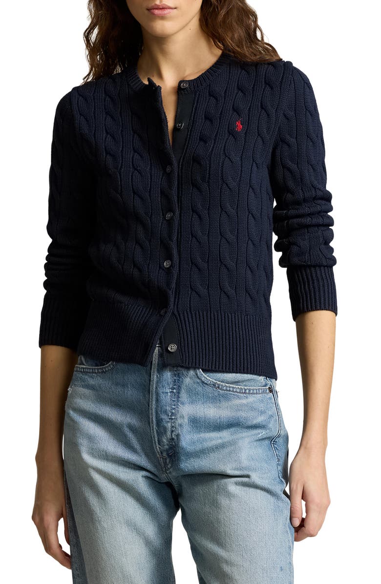 Polo Ralph Lauren Cable Stitch Cotton Cardigan, Main, color, Hunter Navy