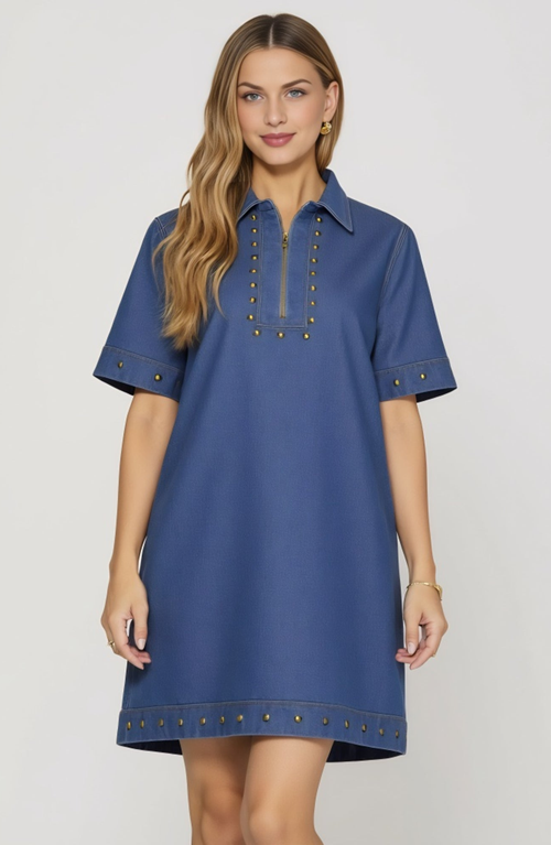 Modenaire Denim Studded Half Zip Mini Dress With Collar And Short Sleeves