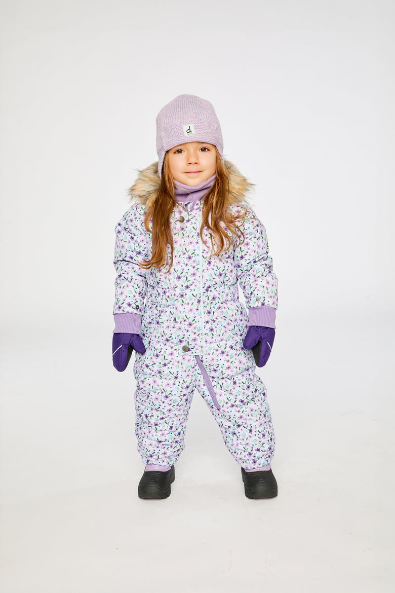Mini Flowers Original One Piece Puffy Snowsuit with Removable Mittens and Boots, Alternate, color, Purple Printed Mini Flowers