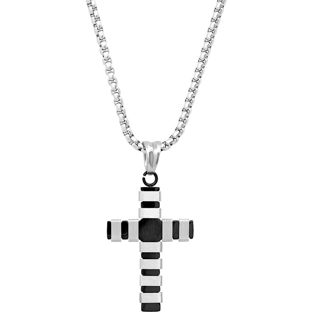 Hmy Jewelry Two Tone Stainless Steel Cross Pendant Necklace In Silver/black