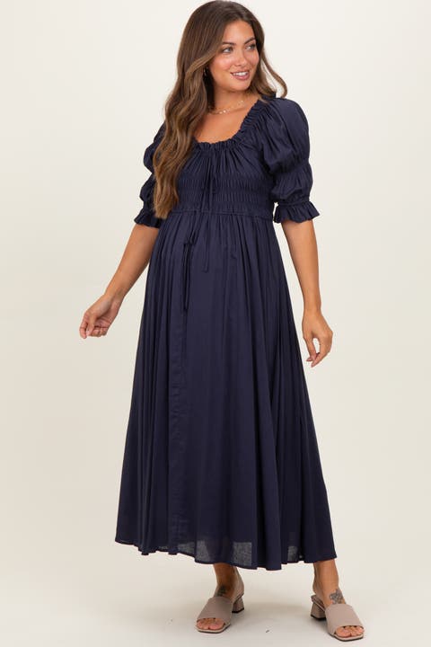 Smocked Ruffle Square Neck Midi Dress