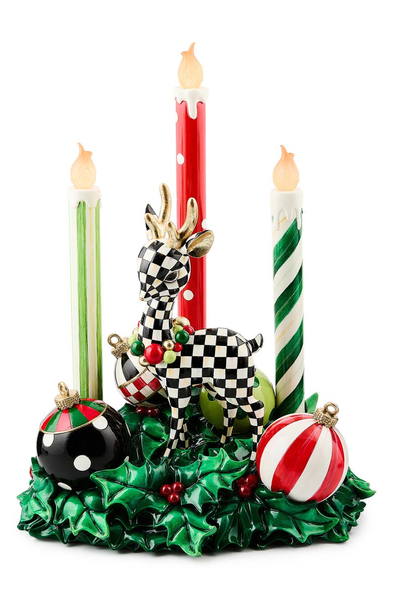 MACKENZIE CHILDS Check It Out Illuminated Deer & Candle Centerpiece, Main, color, Green