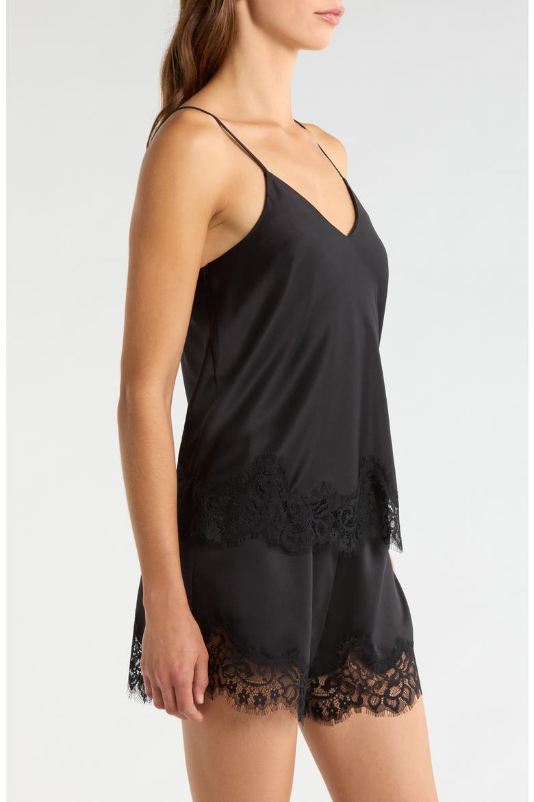 Lace Trim Satin Shortie Pajamas, Alternate, color, BLACK