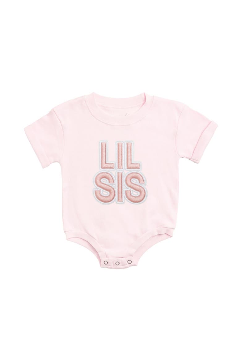 Lil Sis Embroidered Patch Short Sleeve Romper, Main, color, Ballet Pink