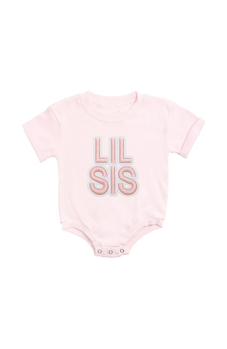 Sweet Wink Lil Sis Embroidered Patch Short Sleeve Romper, Main, color, Ballet Pink
