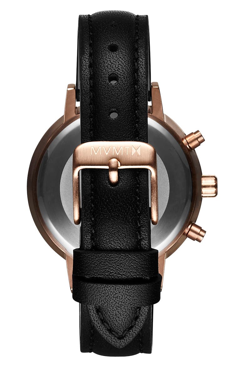 MVMT Nova Chronograph Leather Strap Watch, 38mm, Alternate, color, BLACK/ ROSE GOLD