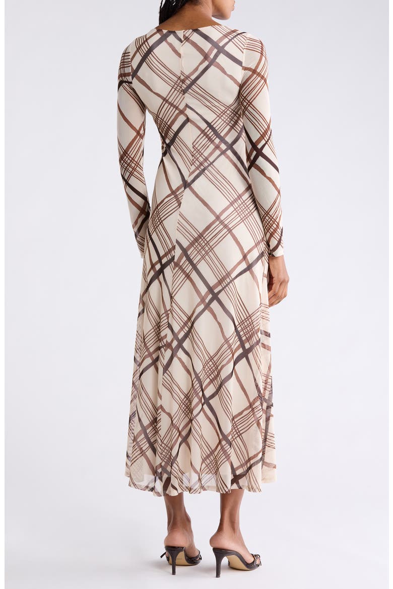 Plaid Long Sleeve Ruched Mesh Maxi Dress, Alternate, color, BEIGE/ BROWN