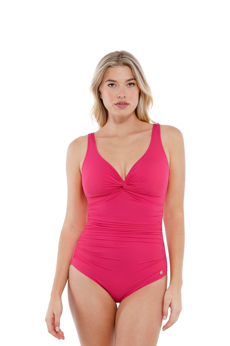 Shapewear Twist-Front Ruched Sultry Vacation & Pool Party One-Piece Swimsuit, Main, color, Cerise