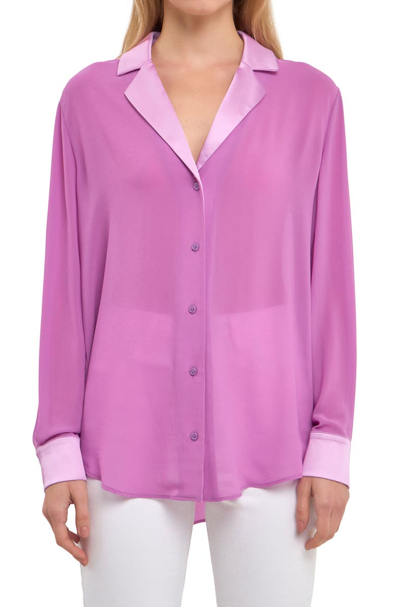 Endless Rose Satin Chiffon Button-Up Shirt, Main, color,